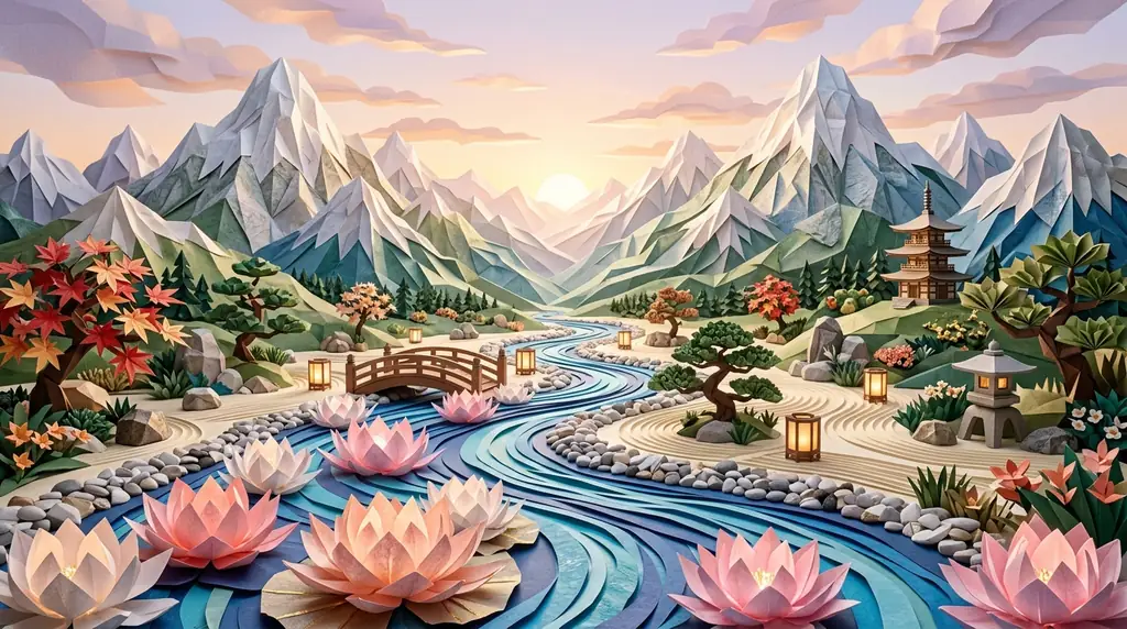 A breath-taking origami landscape bathed in warm morning light